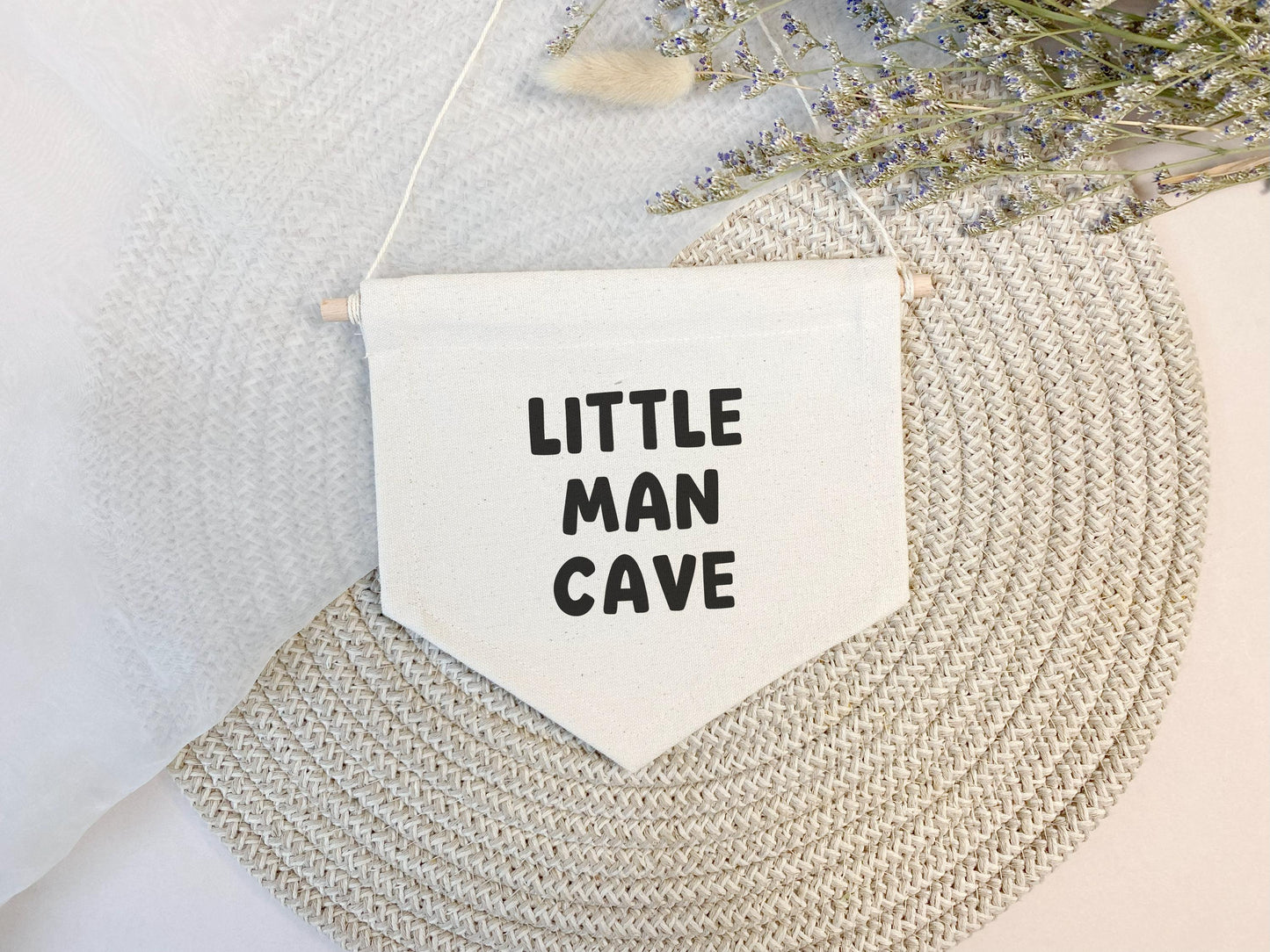 Little Man Cave Pennant Sign, Bedroom Wall Hanging, Playroom Canvas Banner, Gift for Him, Boy's Room