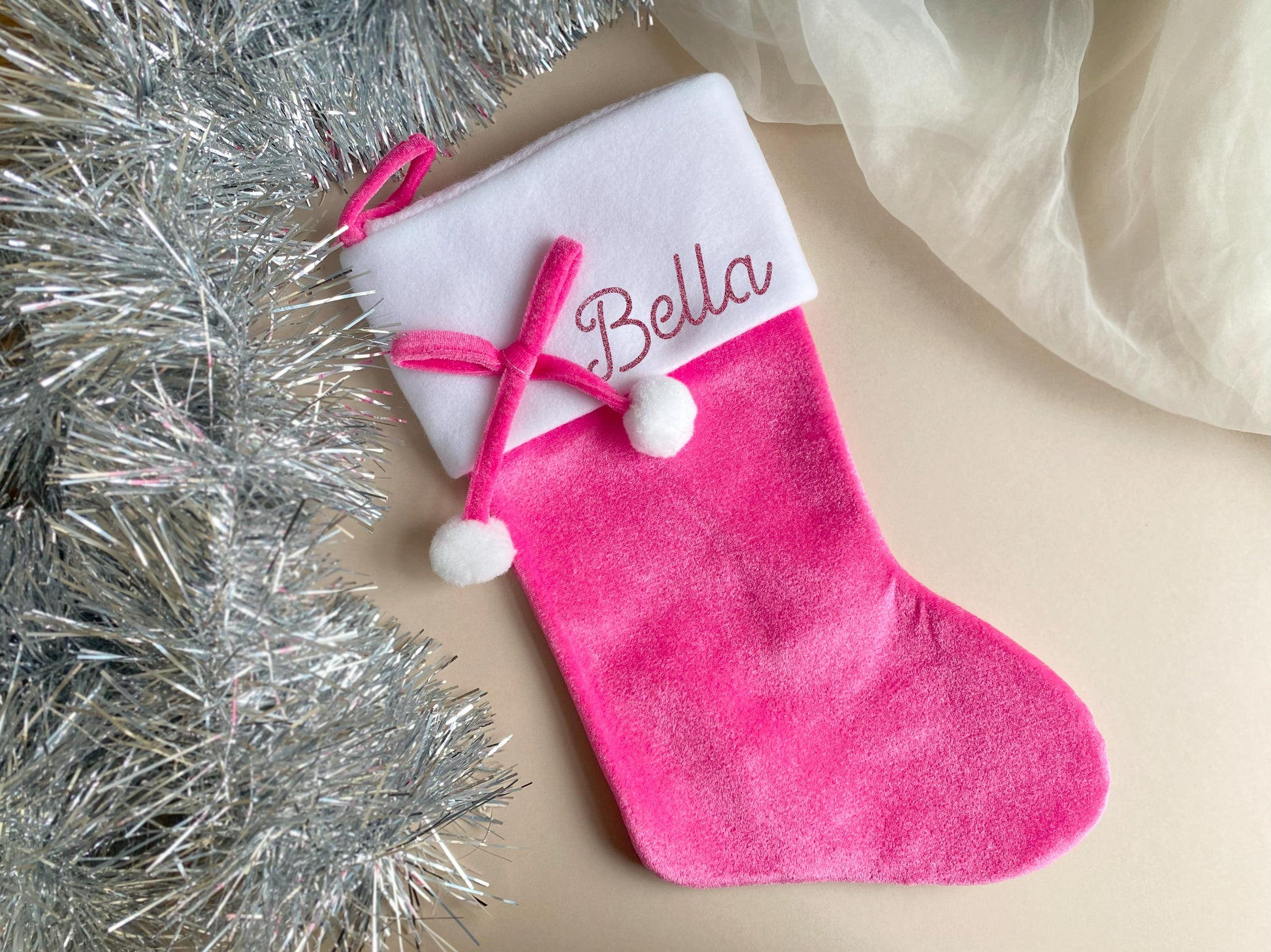 Personalised Deluxe Pink Pom Pom Christmas Stocking, Santa, Girls Stocking