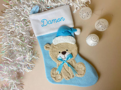 Personalised Blue Teddy Christmas Stocking, Santa, Boys Stocking, First Christmas