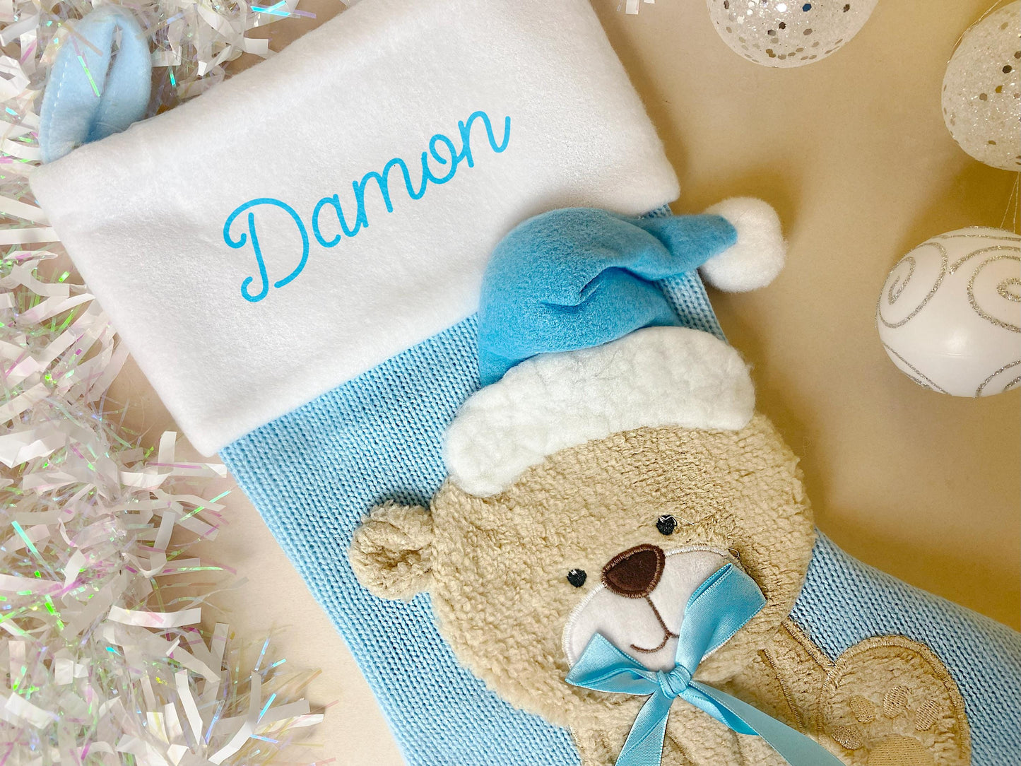Personalised Blue Teddy Christmas Stocking, Santa, Boys Stocking, First Christmas
