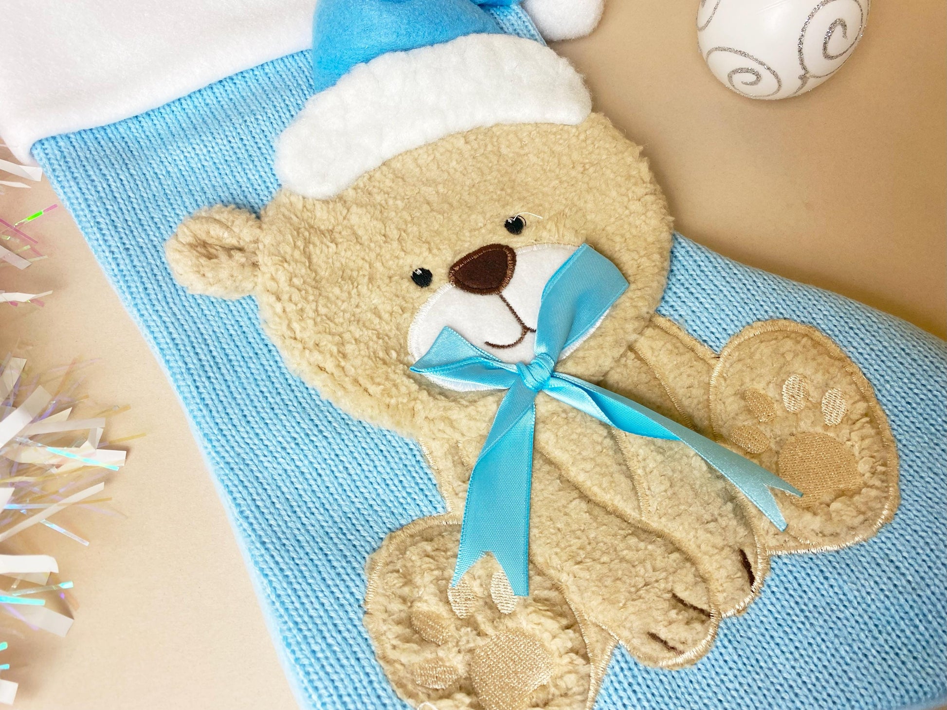 Personalised Blue Teddy Christmas Stocking, Santa, Boys Stocking, First Christmas