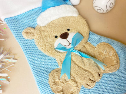 Personalised Blue Teddy Christmas Stocking, Santa, Boys Stocking, First Christmas