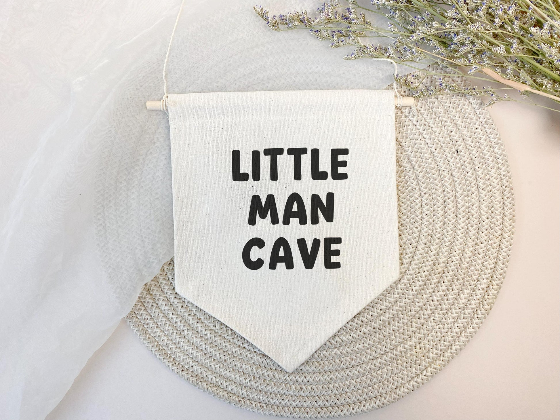 Little Man Cave Pennant Sign, Bedroom Wall Hanging, Playroom Canvas Banner, Gift for Him, Boy's Room