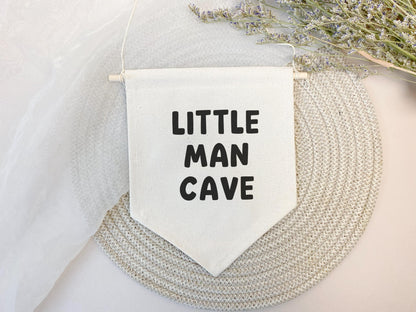 Little Man Cave Pennant Sign, Bedroom Wall Hanging, Playroom Canvas Banner, Gift for Him, Boy's Room