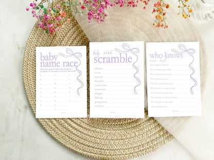 Purple Bow Baby Shower Bundle, Boho Chic, Girl Baby Shower, Mum To Be, Printed A6