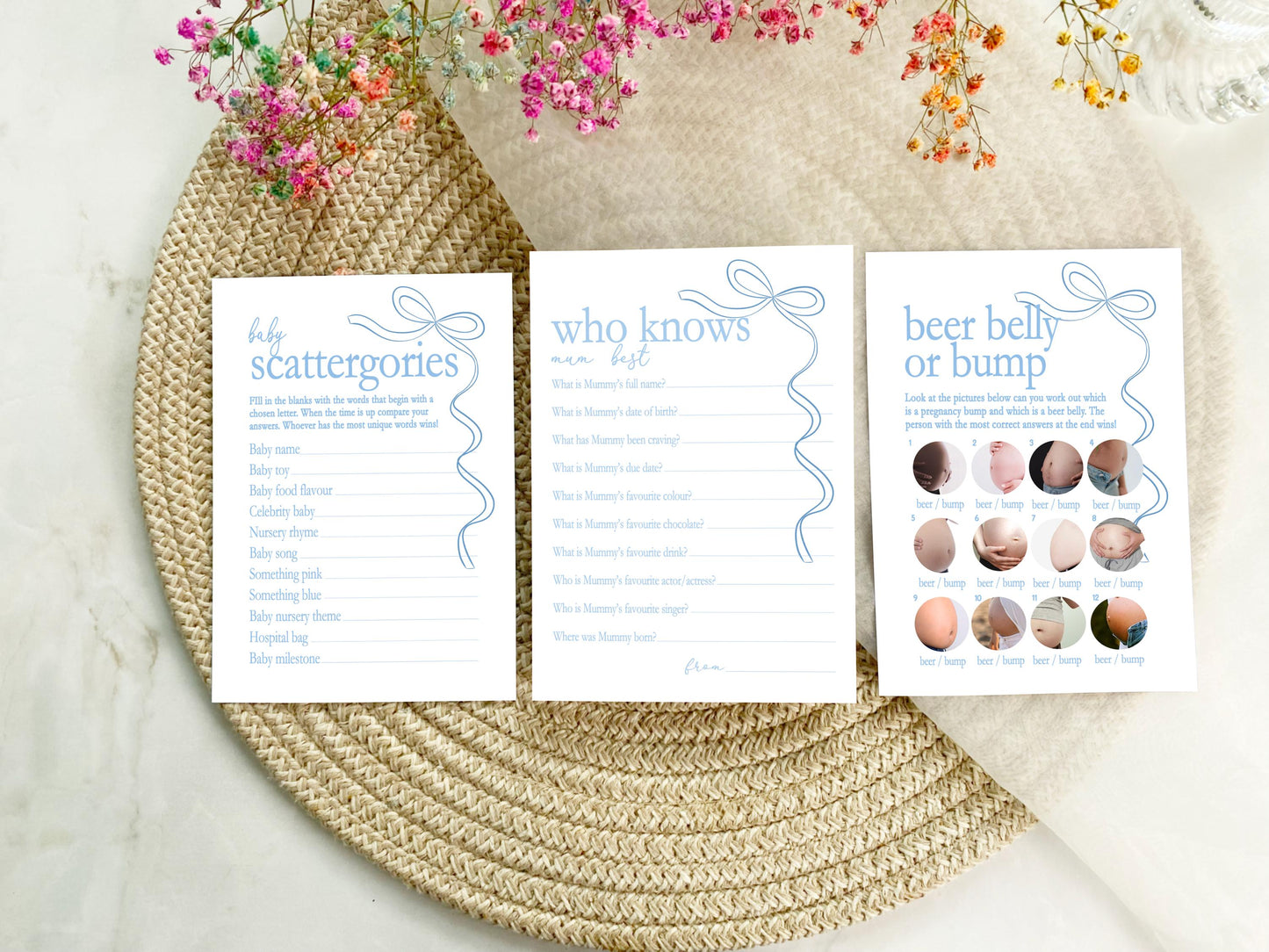 Blue Bow Baby Shower Bundle, Boho Chic, Boy Baby Shower, Mum To Be, Printed A6