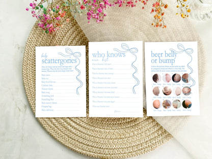 Blue Bow Baby Shower Bundle, Boho Chic, Boy Baby Shower, Mum To Be, Printed A6