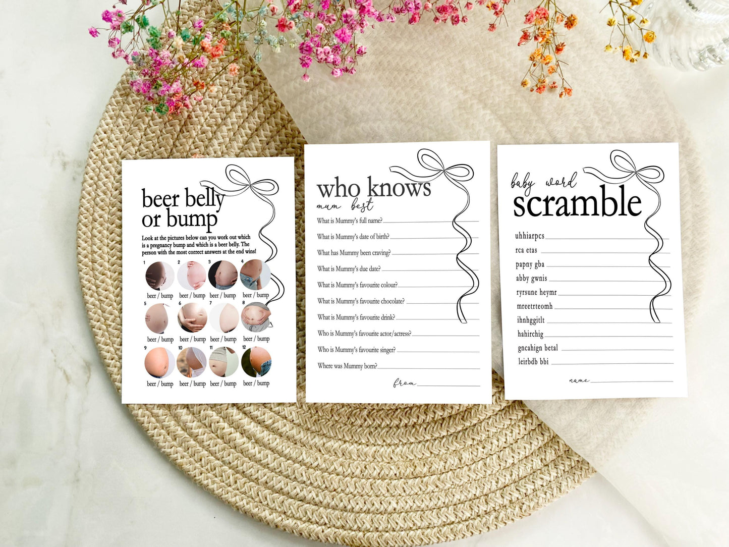 Black Bow Baby Shower Bundle, Minimalist, Neutral Baby Shower, Mum To Be, Printed A6