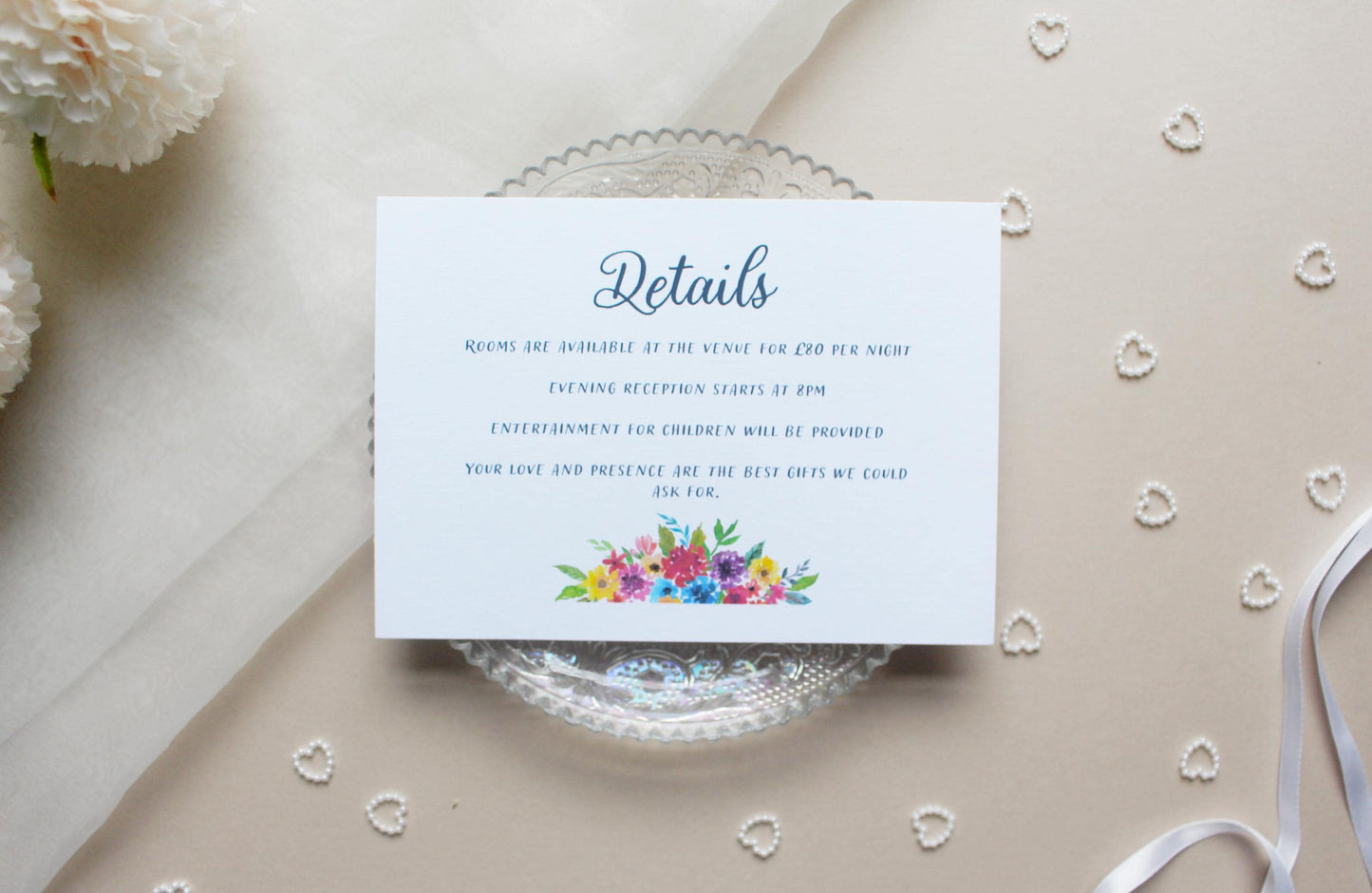 Bright Floral Wedding Invitation, Square Invite, Wedding Stationery, RSVP, Details, Evening Reception