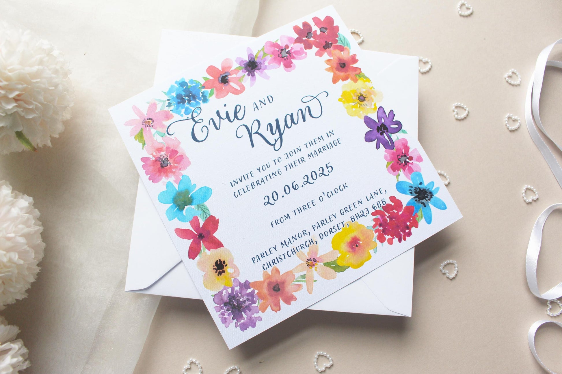 Bright Floral Wedding Invitation, Square Invite, Wedding Stationery, RSVP, Details, Evening Reception