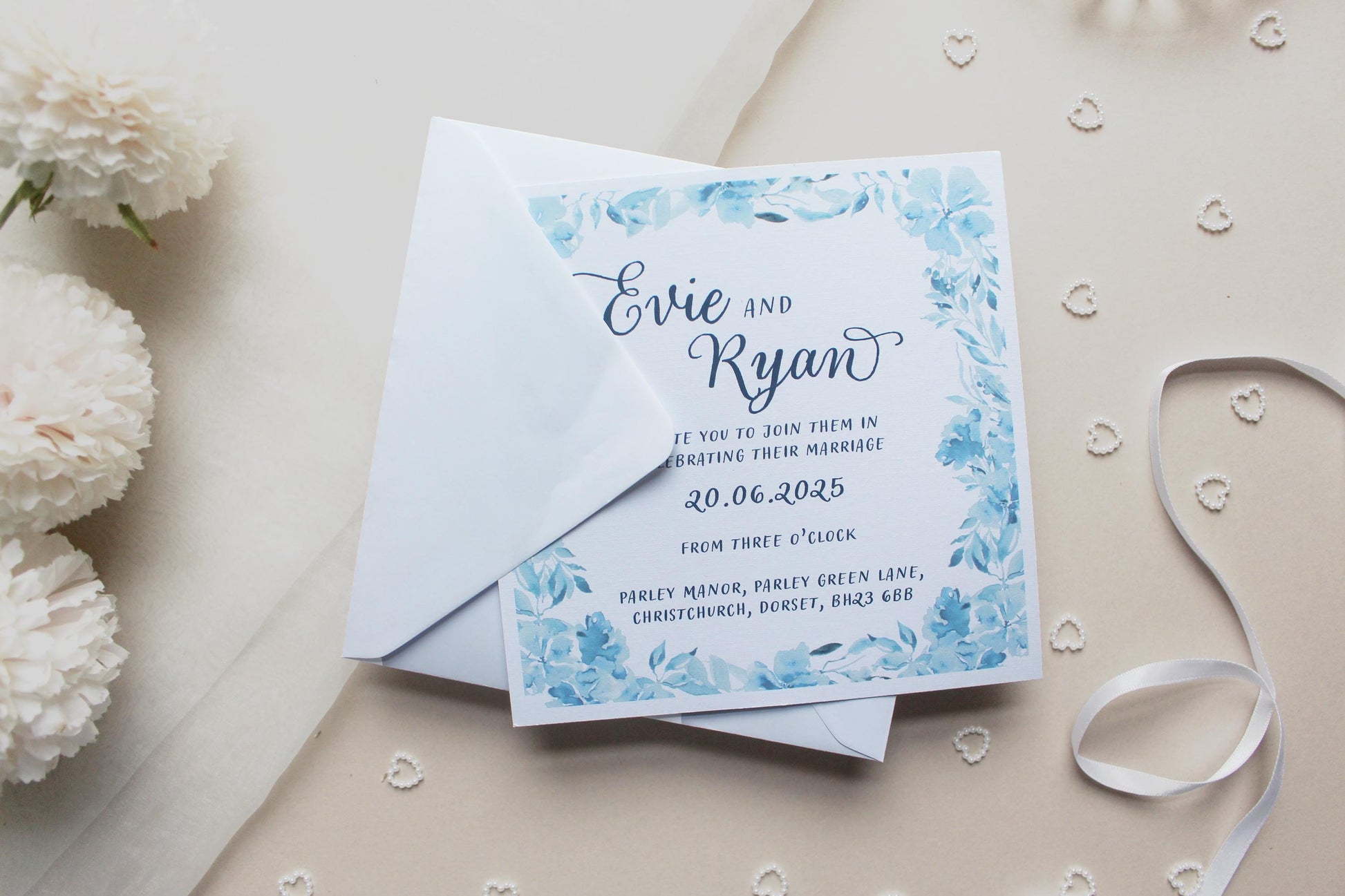 Navy Blue Floral Wedding Invitation, Square Invite, Wedding Stationery, Evening Reception