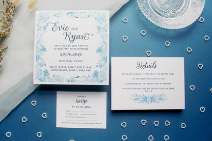 Navy Blue Floral Wedding Invitation, Square Invite, Wedding Stationery, RSVP, Details, Evening Reception