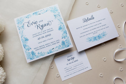 Navy Blue Floral Wedding Invitation, Square Invite, Wedding Stationery, RSVP, Details, Evening Reception