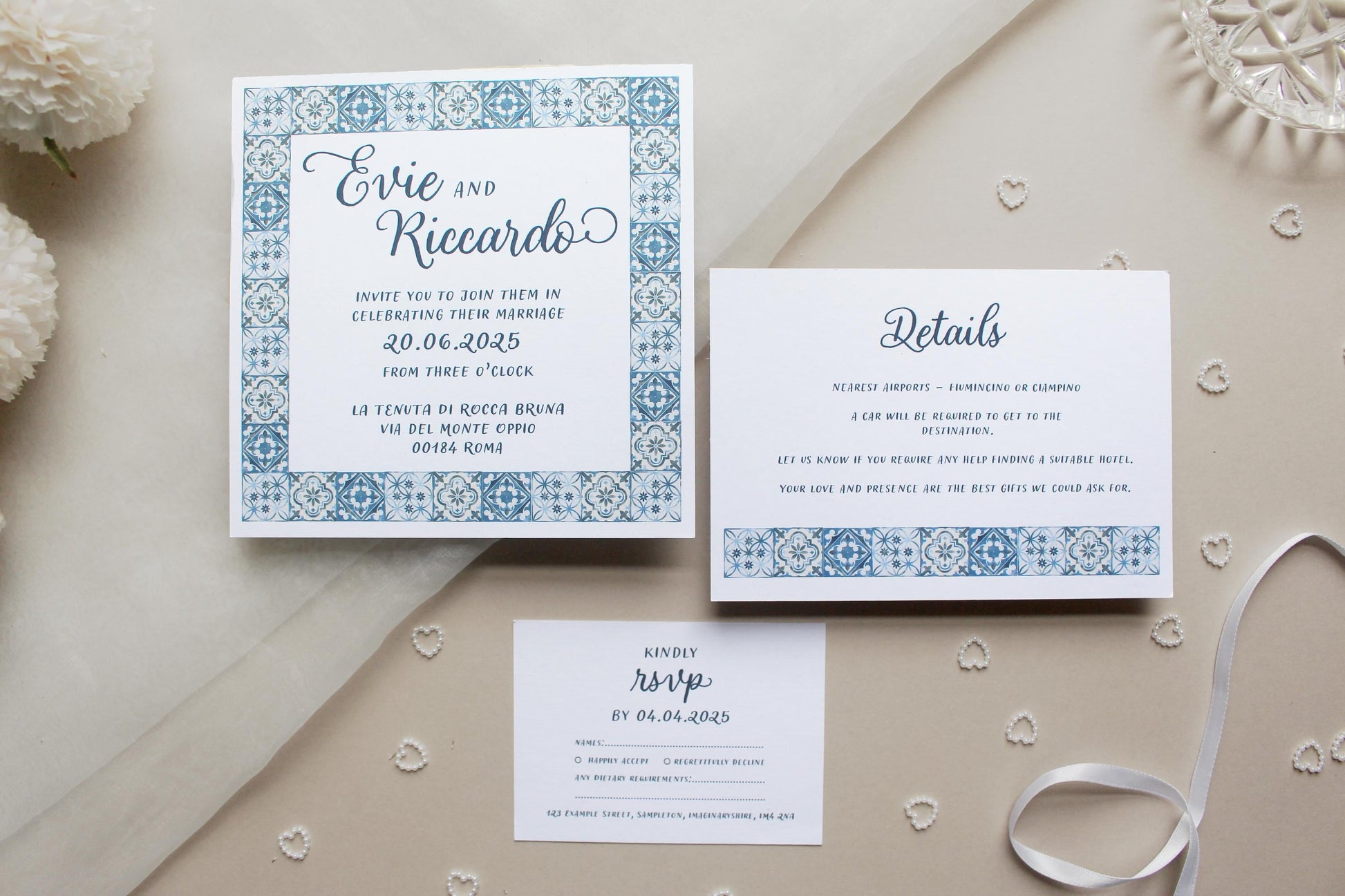 Navy Blue Italian Tile Wedding Invitation, Square Invite, Wedding Stationery, RSVP, Details, Evening Reception