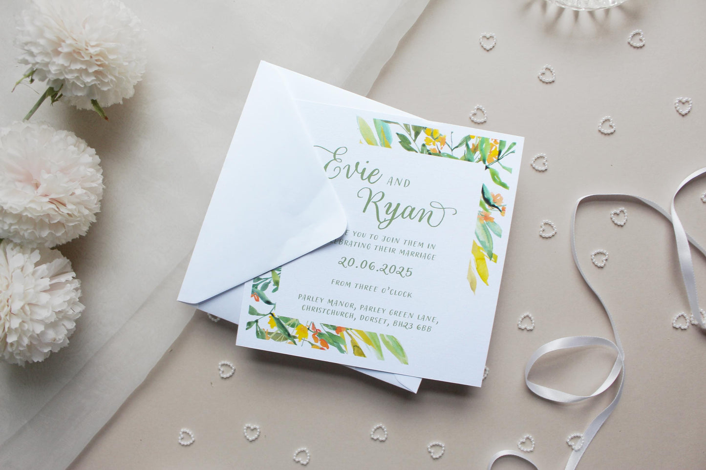 Greenery Yellow Floral Wedding Invitation, Square Invite, Wedding Stationery, Evening Reception