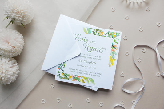 Greenery Yellow Floral Wedding Invitation, Square Invite, Wedding Stationery, Evening Reception