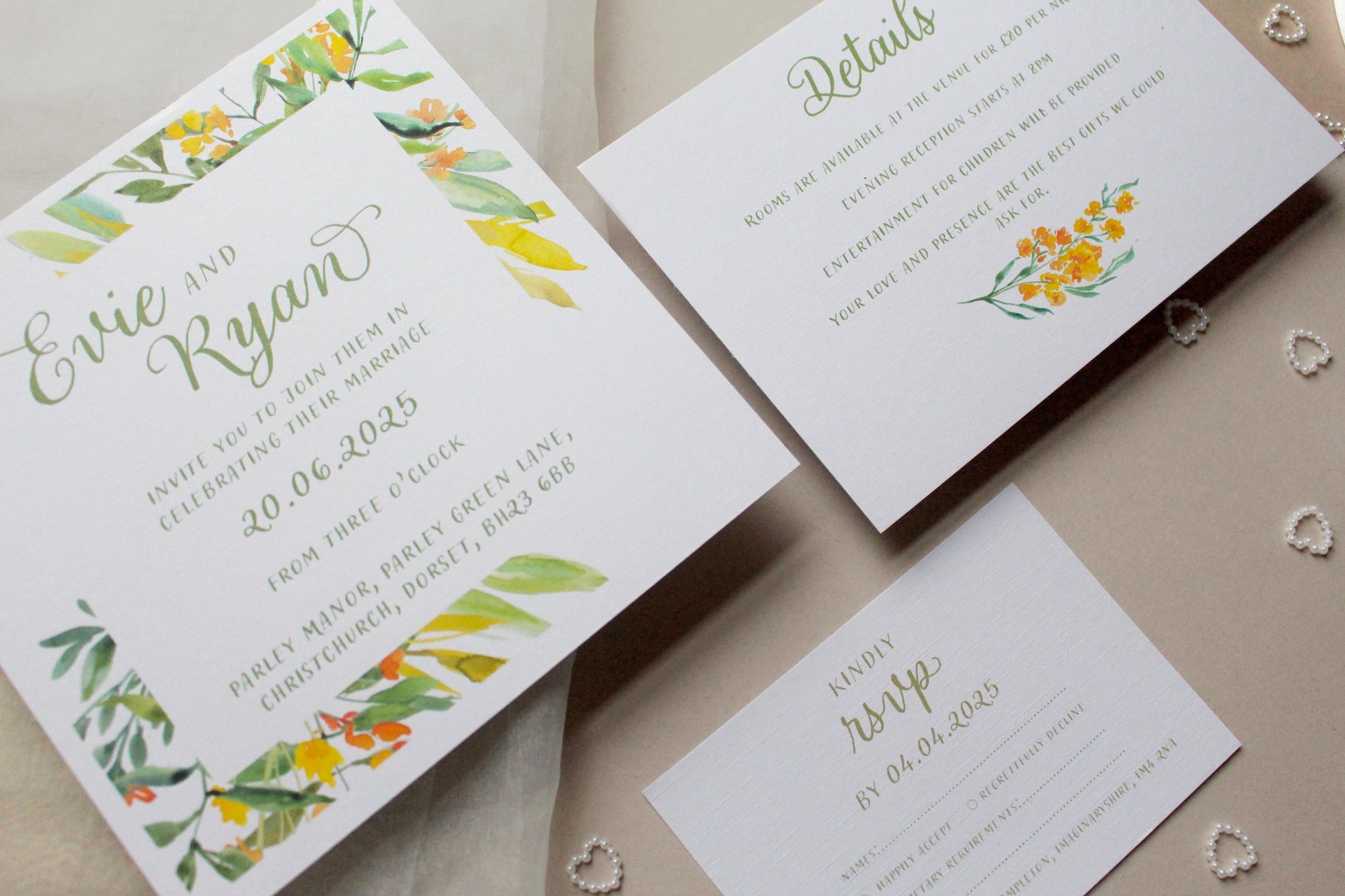 Greenery Yellow Floral Wedding Invitation, Square Invite, Wedding Stationery, RSVP, Details, Evening Reception