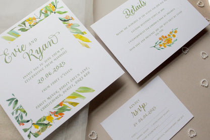 Greenery Yellow Floral Wedding Invitation, Square Invite, Wedding Stationery, RSVP, Details, Evening Reception