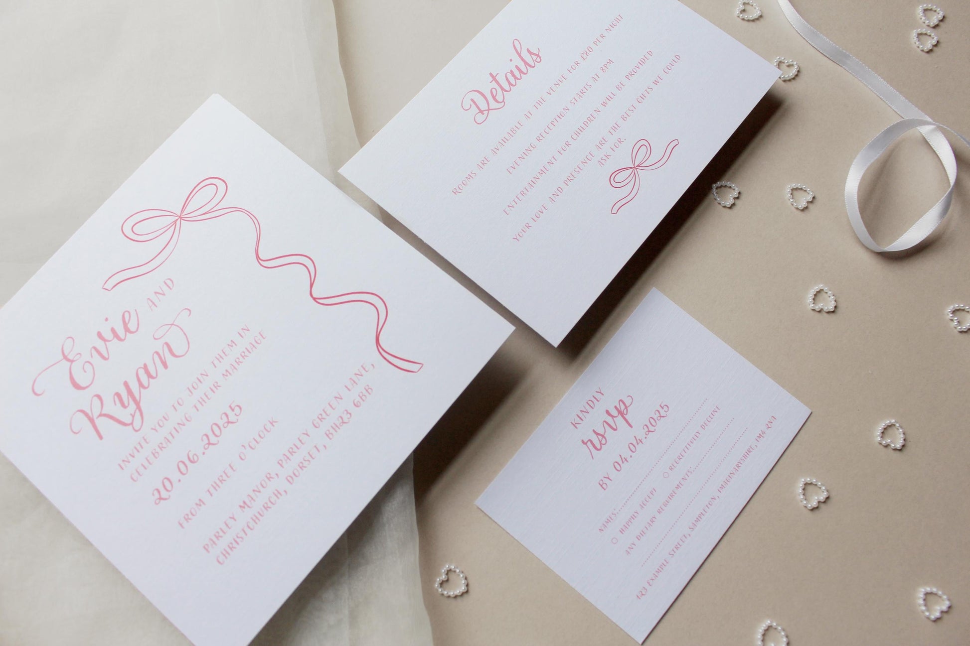 Ribbon Wedding Invitation, Square Invite, Wedding Stationery, RSVP, Details, Evening Reception