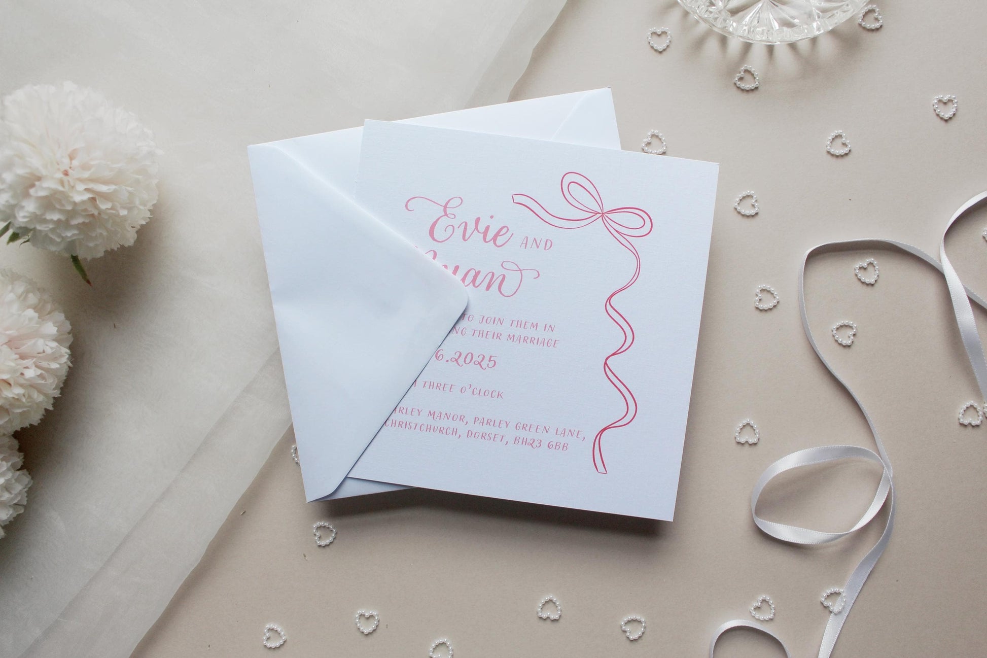 Ribbon Wedding Invitation, Square Invite, Wedding Stationery, RSVP, Details, Evening Reception
