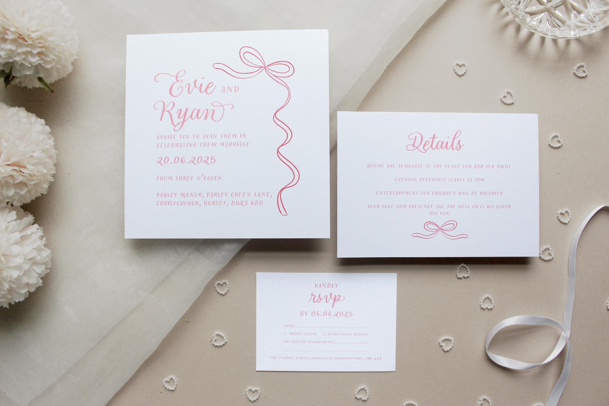 Ribbon Wedding Invitation, Square Invite, Wedding Stationery, RSVP, Details, Evening Reception