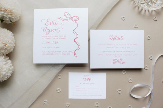 Ribbon Wedding Invitation, Square Invite, Wedding Stationery, RSVP, Details, Evening Reception