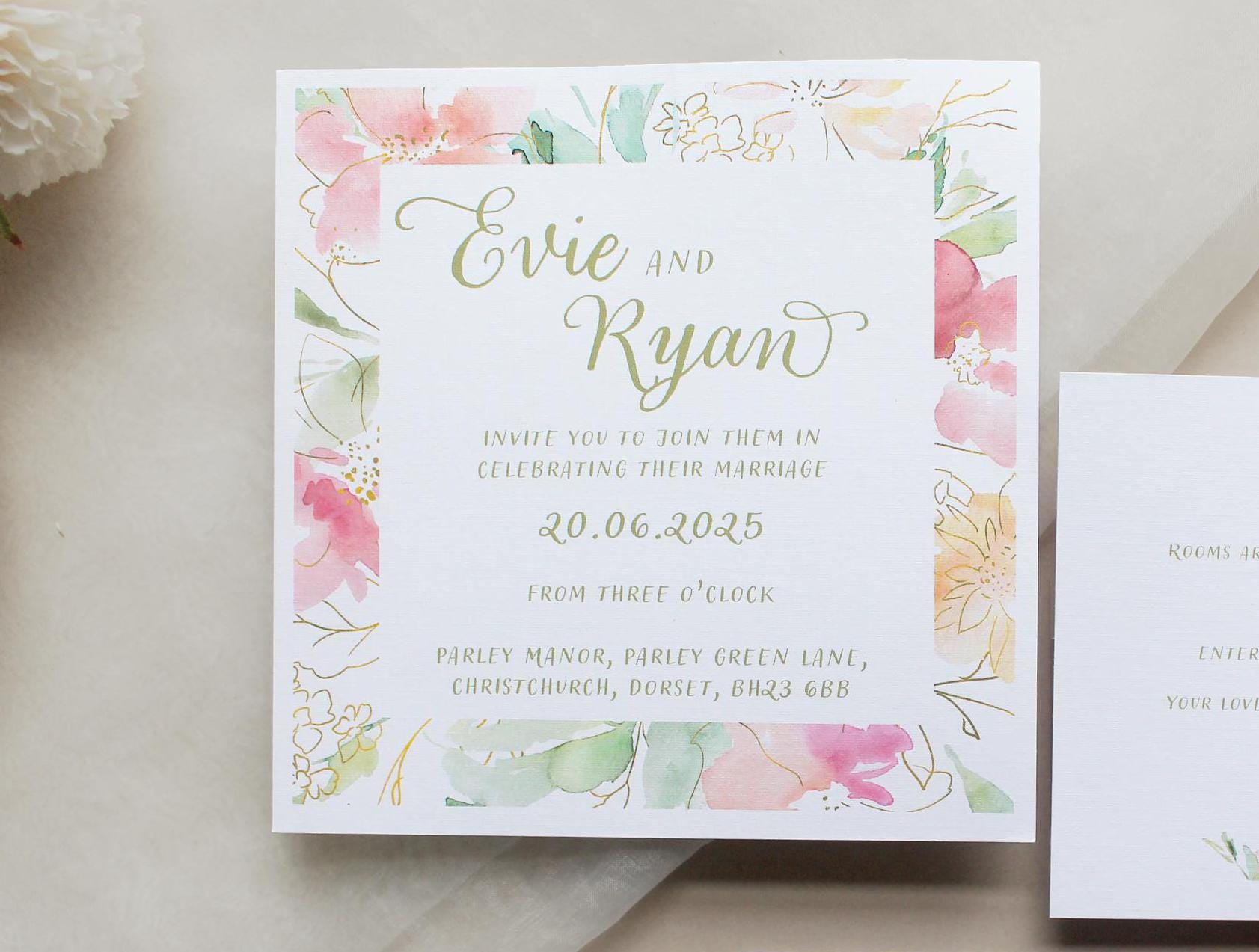 Pink Floral Wedding Invitation, Square Invite, Wedding Stationery, Evening Reception