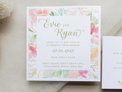 Pink Floral Wedding Invitation, Square Invite, Wedding Stationery, Evening Reception