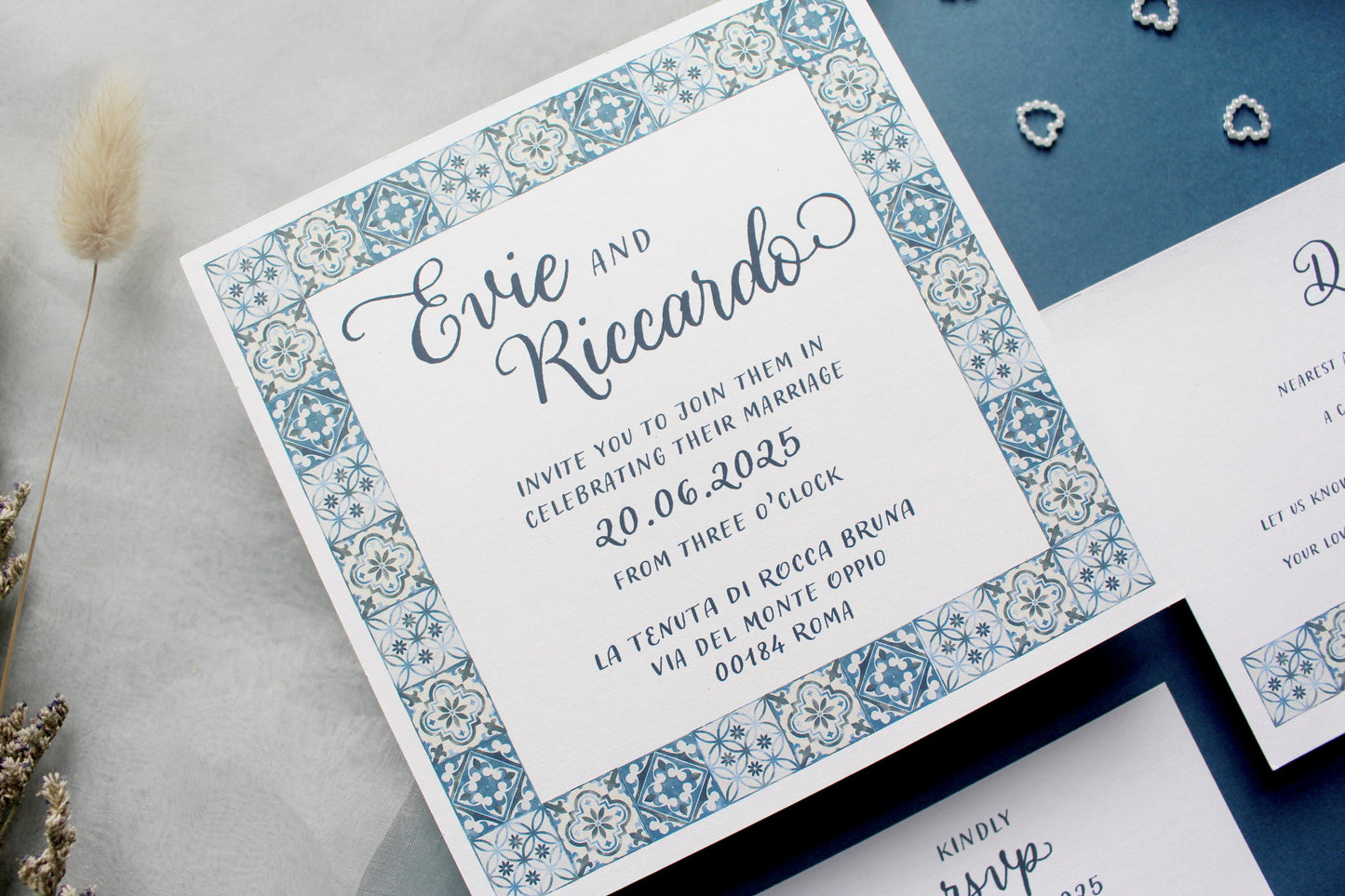 Navy Blue Italian Tile Wedding Invitation, Square Invite, Wedding Stationery, Evening Reception