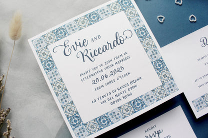 Navy Blue Italian Tile Wedding Invitation, Square Invite, Wedding Stationery, Evening Reception