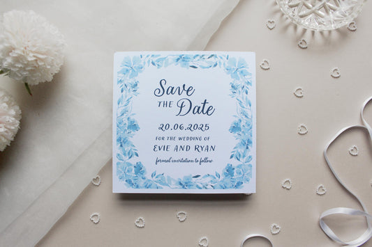 Navy Blue Floral Save the Date Invitation, Square Invite, Wedding Stationery