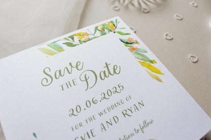 Greenery Yellow Save the Date Invitation, Square Invite, Wedding Stationery