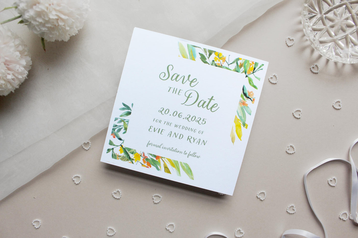 Greenery Yellow Save the Date Invitation, Square Invite, Wedding Stationery