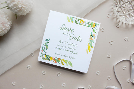 Greenery Yellow Save the Date Invitation, Square Invite, Wedding Stationery