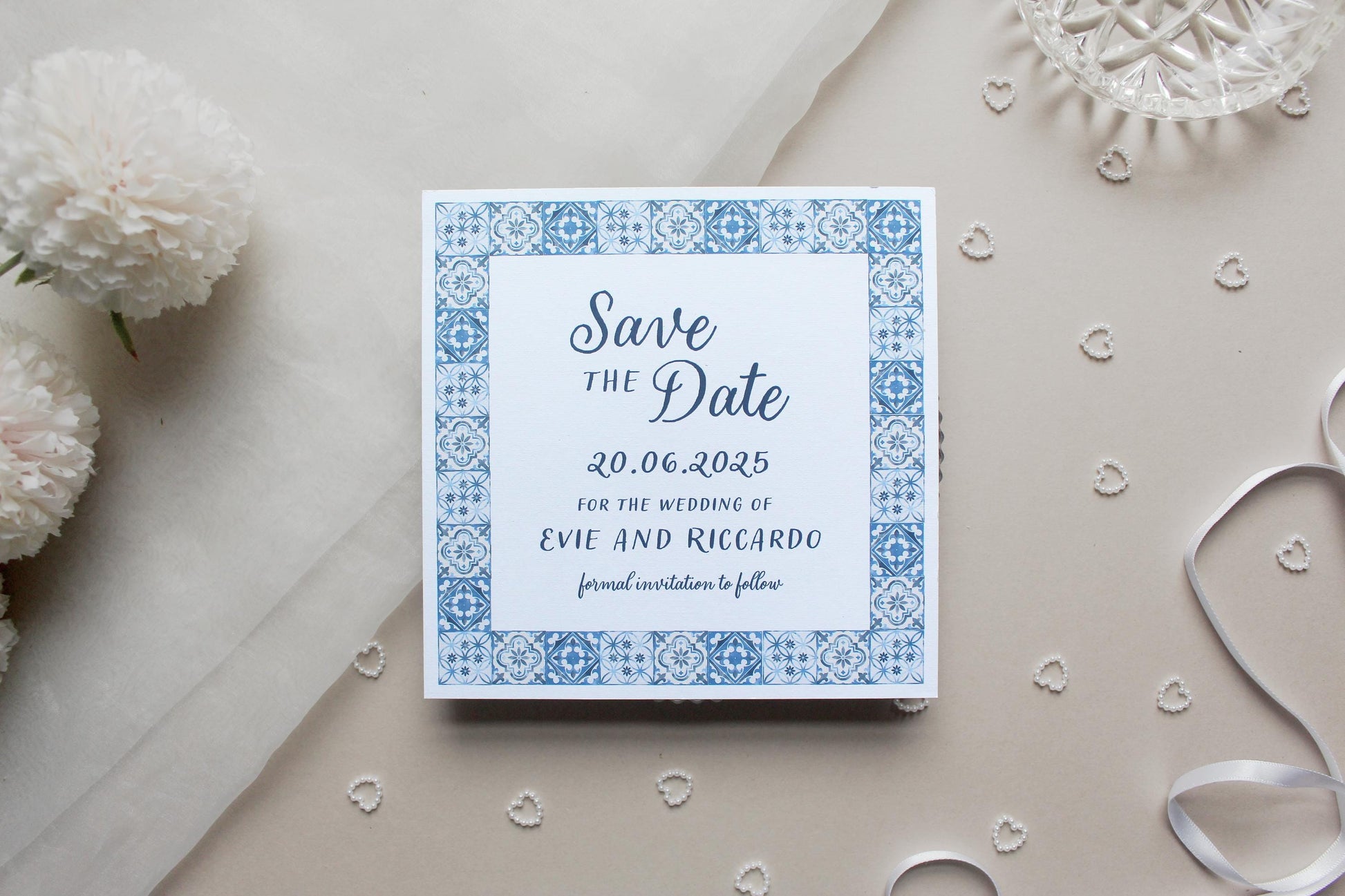 Navy Blue Italian Tile Save the Date Invitation, Square Invite, Wedding Stationery