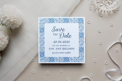 Navy Blue Italian Tile Save the Date Invitation, Square Invite, Wedding Stationery