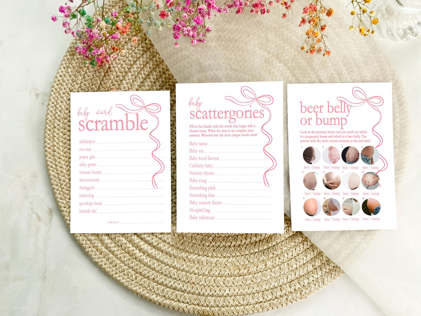 Pink Bow Baby Shower Bundle, Boho Chic, Girl Baby Shower, Mum To Be, Printed A6