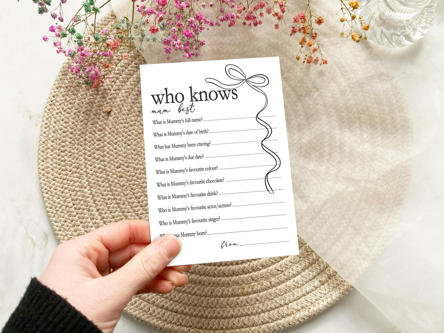 Black Bow Baby Shower Bundle, Minimalist, Neutral Baby Shower, Mum To Be, Printed A6