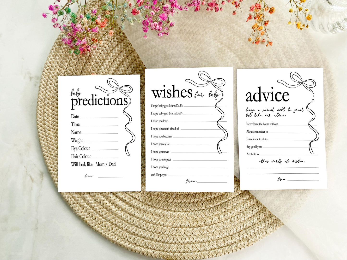 Black Bow Baby Shower Bundle, Minimalist, Neutral Baby Shower, Mum To Be, Printed A6