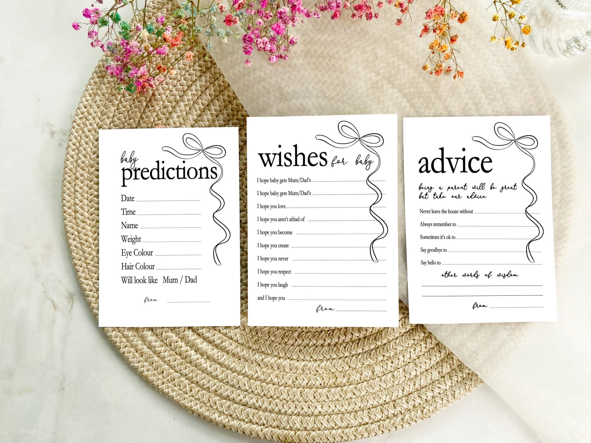 Black Bow Baby Shower Bundle, Minimalist, Neutral Baby Shower, Mum To Be, Printed A6
