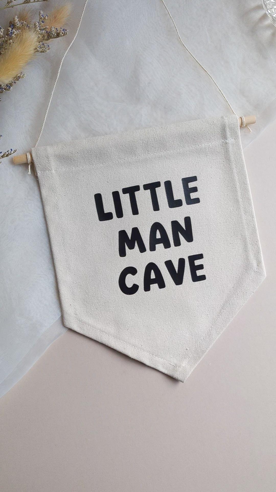 Little Man Cave Pennant Sign, Bedroom Wall Hanging, Playroom Canvas Banner, Gift for Him, Boy's Room
