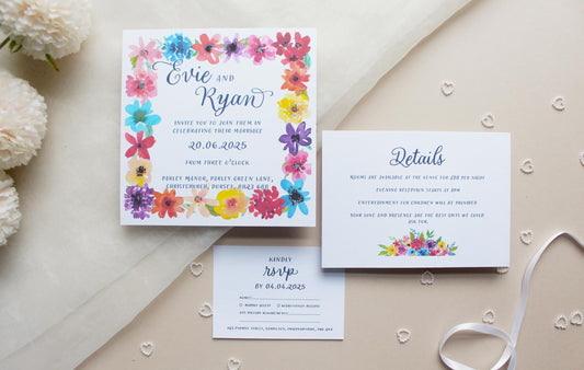Bright Floral Wedding Invitation, Square Invite, Wedding Stationery, RSVP, Details, Evening Reception