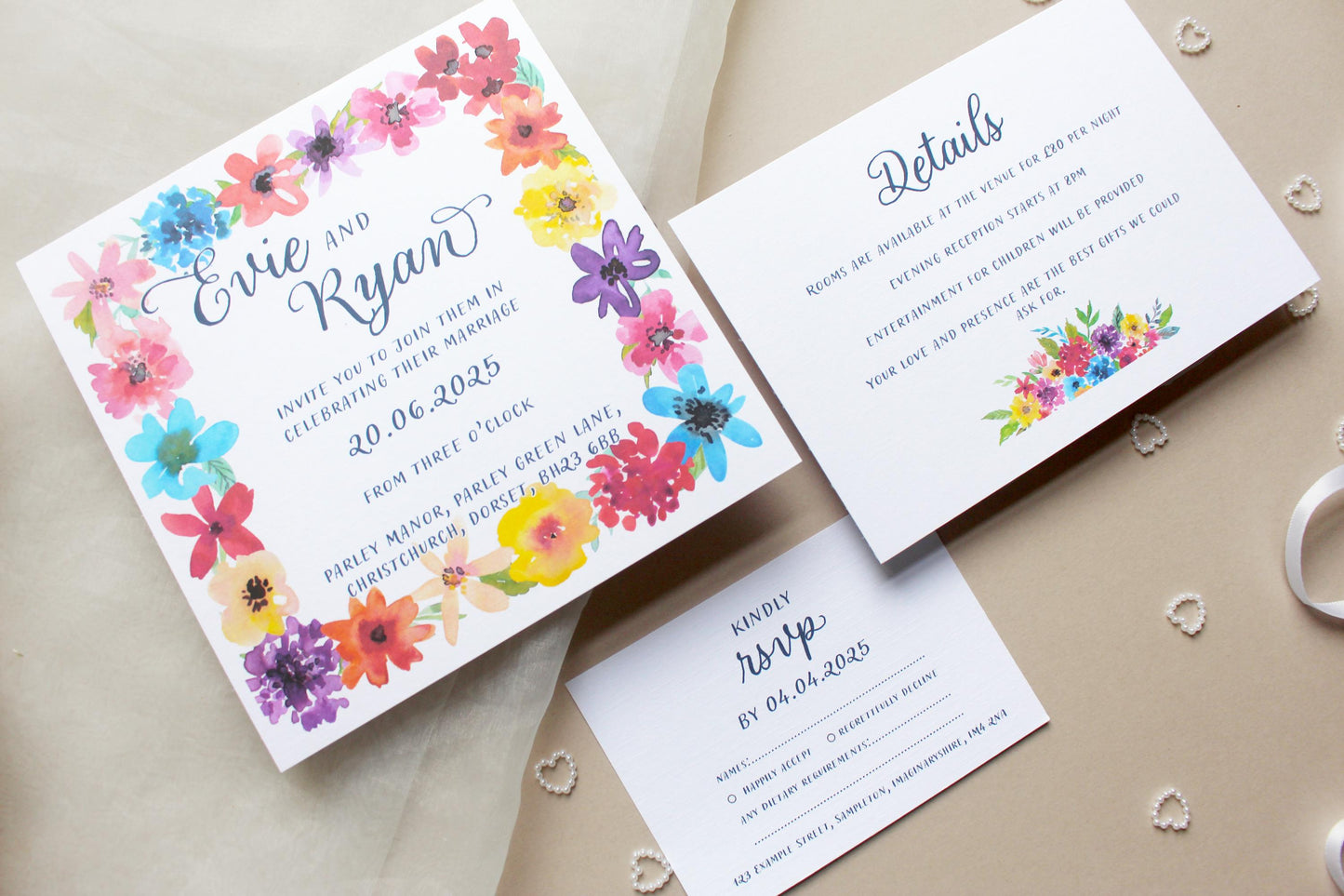 Bright Floral Wedding Invitation, Square Invite, Wedding Stationery, RSVP, Details, Evening Reception