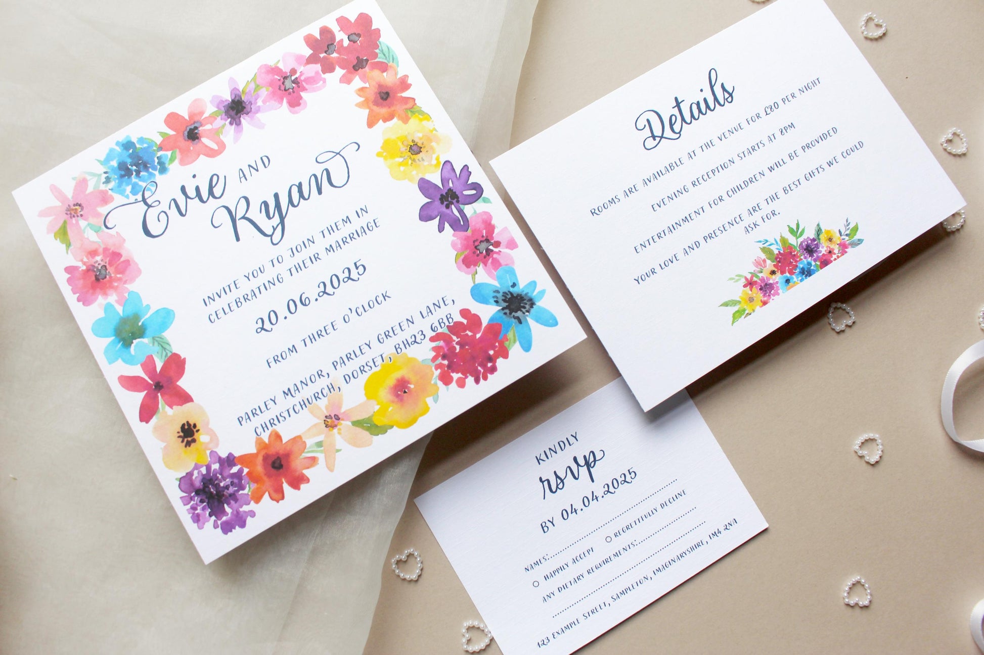 Bright Floral Wedding Invitation, Square Invite, Wedding Stationery, RSVP, Details, Evening Reception