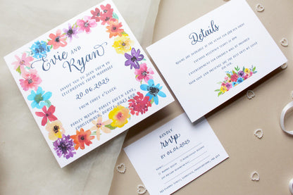 Bright Floral Wedding Invitation, Square Invite, Wedding Stationery, RSVP, Details, Evening Reception