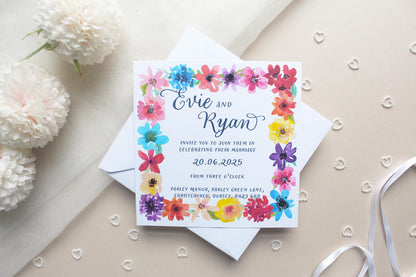 Bright Floral Wedding Invitation, Square Invite, Wedding Stationery, RSVP, Details, Evening Reception