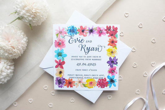 Bright Floral Wedding Invitation, Square Invite, Wedding Stationery, Evening Reception