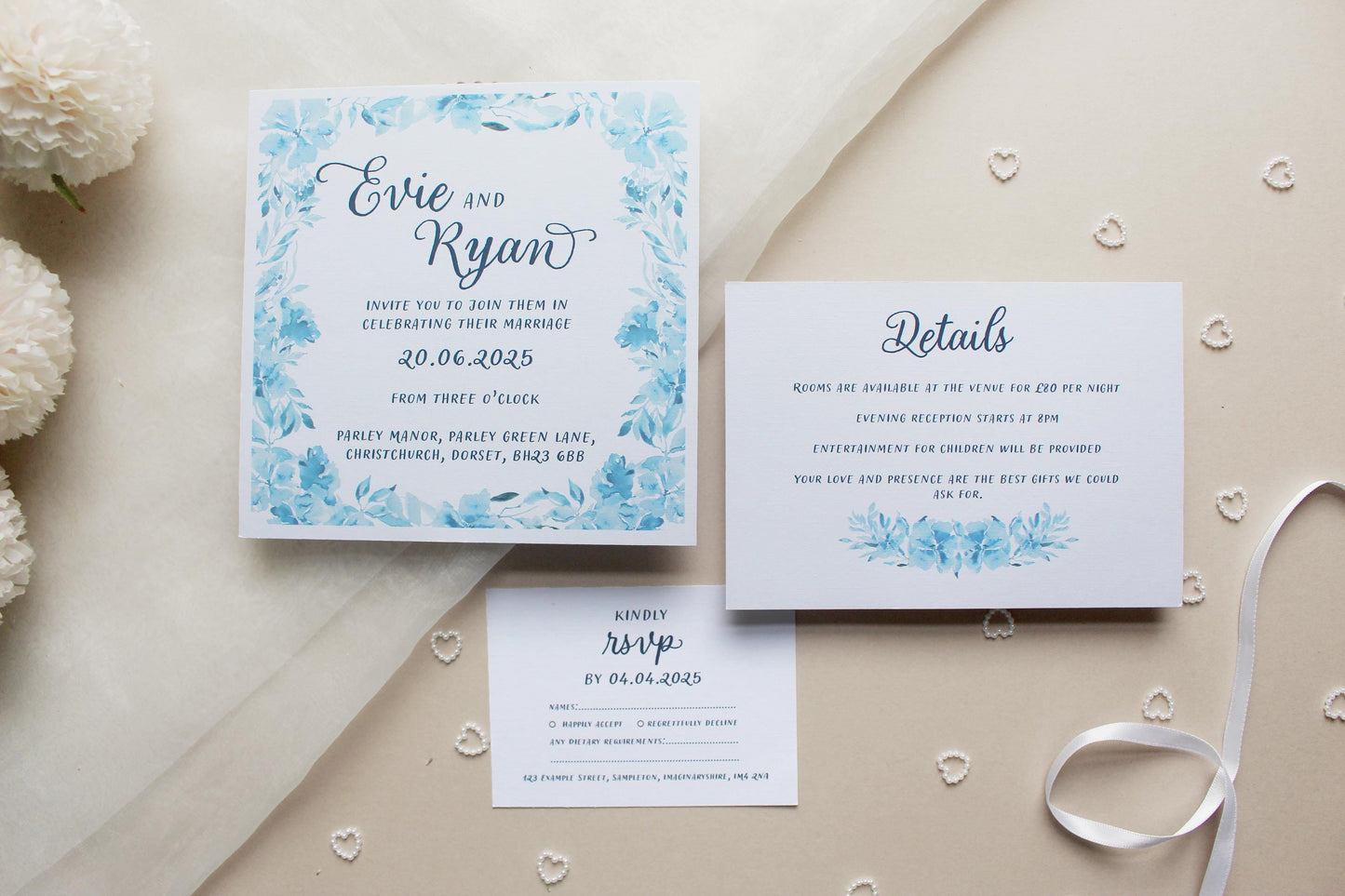 Navy Blue Floral Wedding Invitation, Square Invite, Wedding Stationery, RSVP, Details, Evening Reception