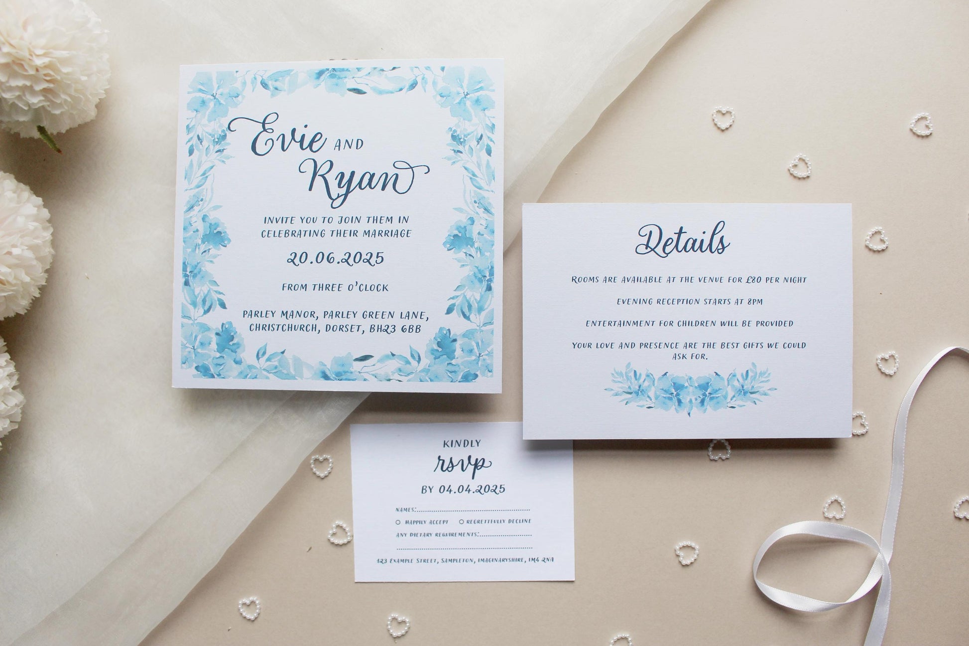 Navy Blue Floral Wedding Invitation, Square Invite, Wedding Stationery, RSVP, Details, Evening Reception