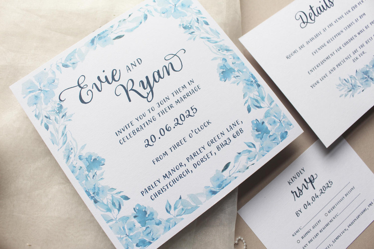 Navy Blue Floral Wedding Invitation, Square Invite, Wedding Stationery, Evening Reception